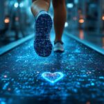 Cardiovascular health depicted by a doctor monitoring a patient running on a treadmill with holographic heart data surrounding them