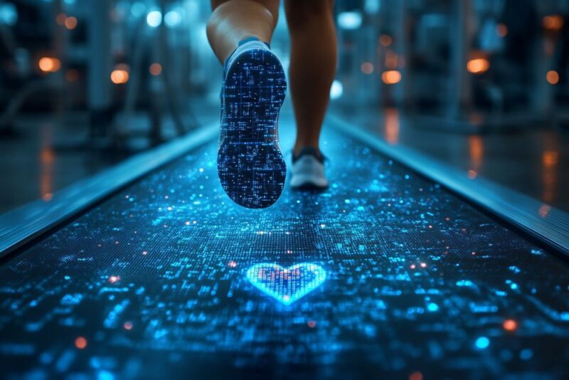 Cardiovascular health depicted by a doctor monitoring a patient running on a treadmill with holographic heart data surrounding them